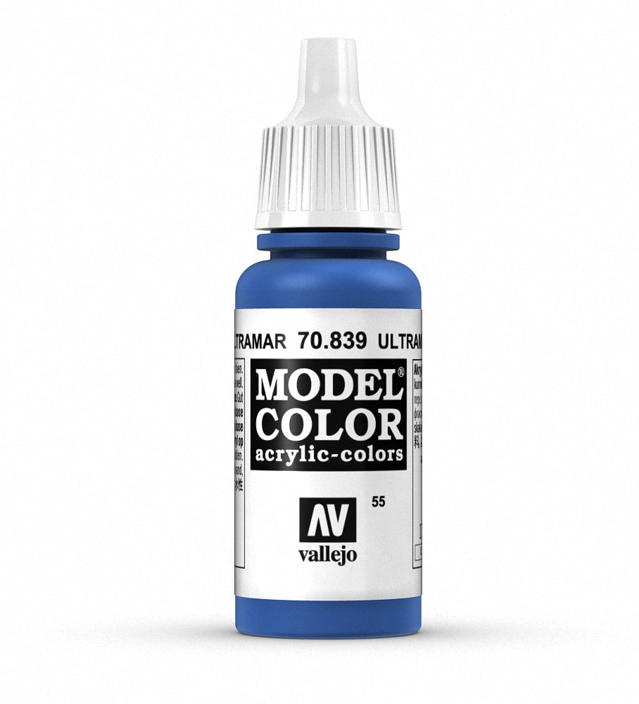 Bottle of Vallejo Model Color Ultramarine paint in 17ml container, featuring blue pigment and product label.
