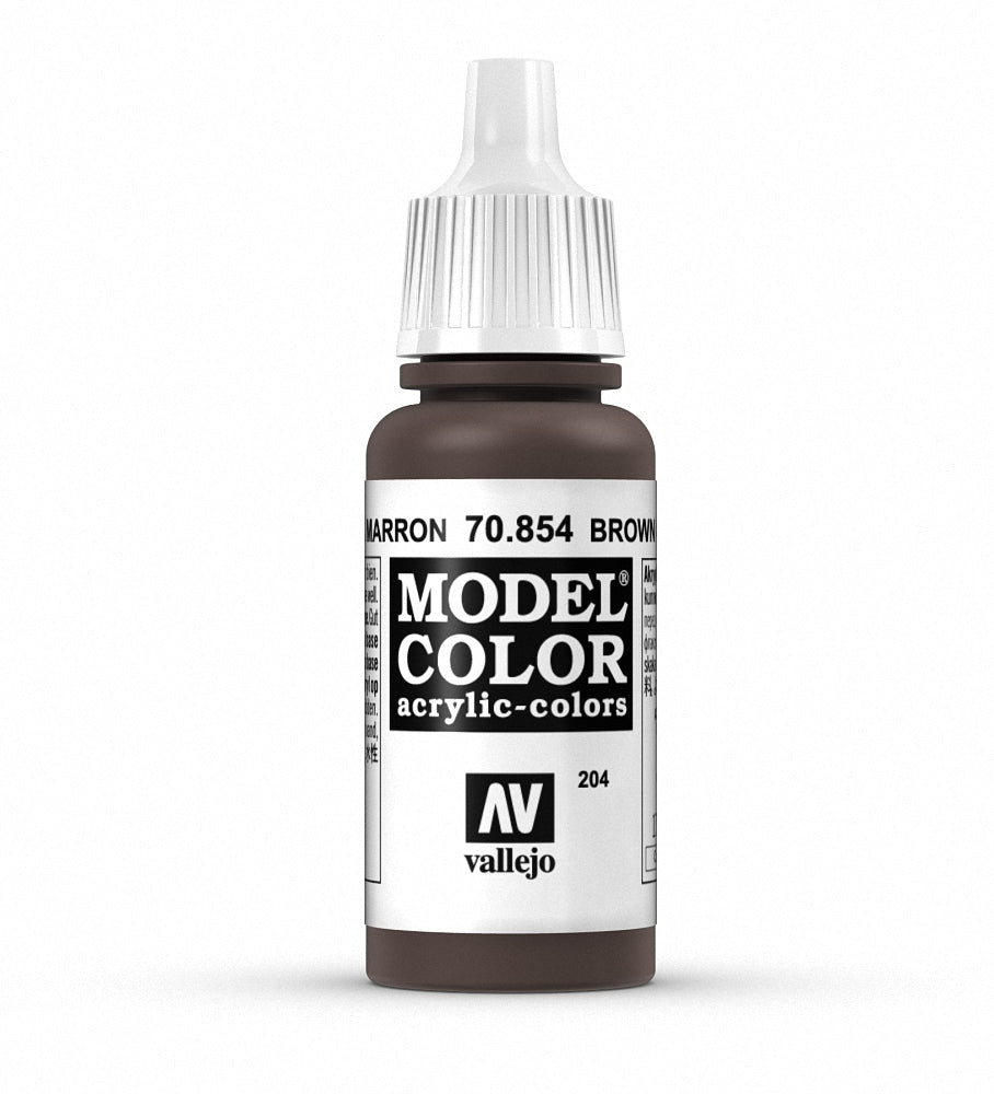 Vallejo Model Color Brown Glaze paint in a 17ml bottle, showing the paint's rich brown color and label on the bottle.