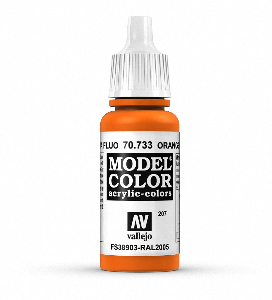 Vallejo Model Color fluorescent orange paint in 17ml bottle with vibrant orange hues for model painting and detailing.