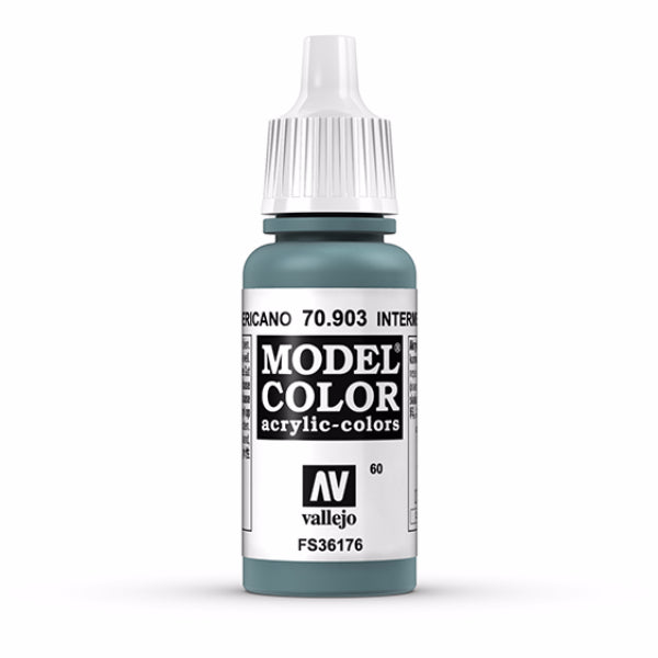 Vallejo Model Color Intermediate Blue paint bottle with 17ml capacity, featuring a blue color label and a clear plastic cap.