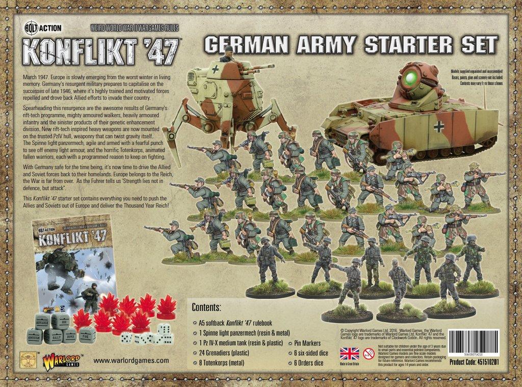 German Konflikt '47 starter set by Warlord Games featuring miniatures and components for WWII tabletop gaming.