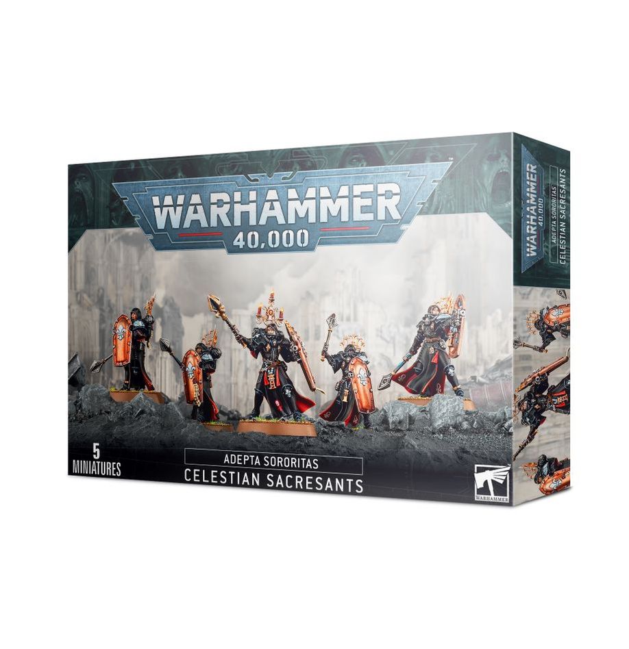 Group of Adepta Sororitas Celestian Sacresants miniatures from Games Workshop, showcasing detailed armor and weapons.