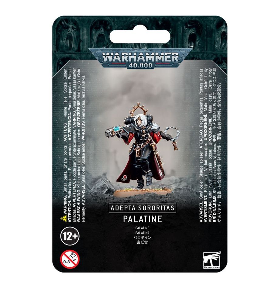 Adepta Sororitas Palatine figure from Games Workshop showing her in ornate armor with a banner and weapon.