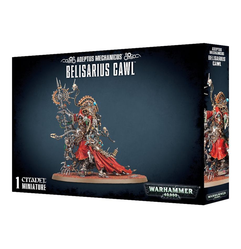 A detailed miniature of Adeptus Mechanicus Belisarius Cawl from Games Workshop, featuring robotic armor and intricate weaponry.