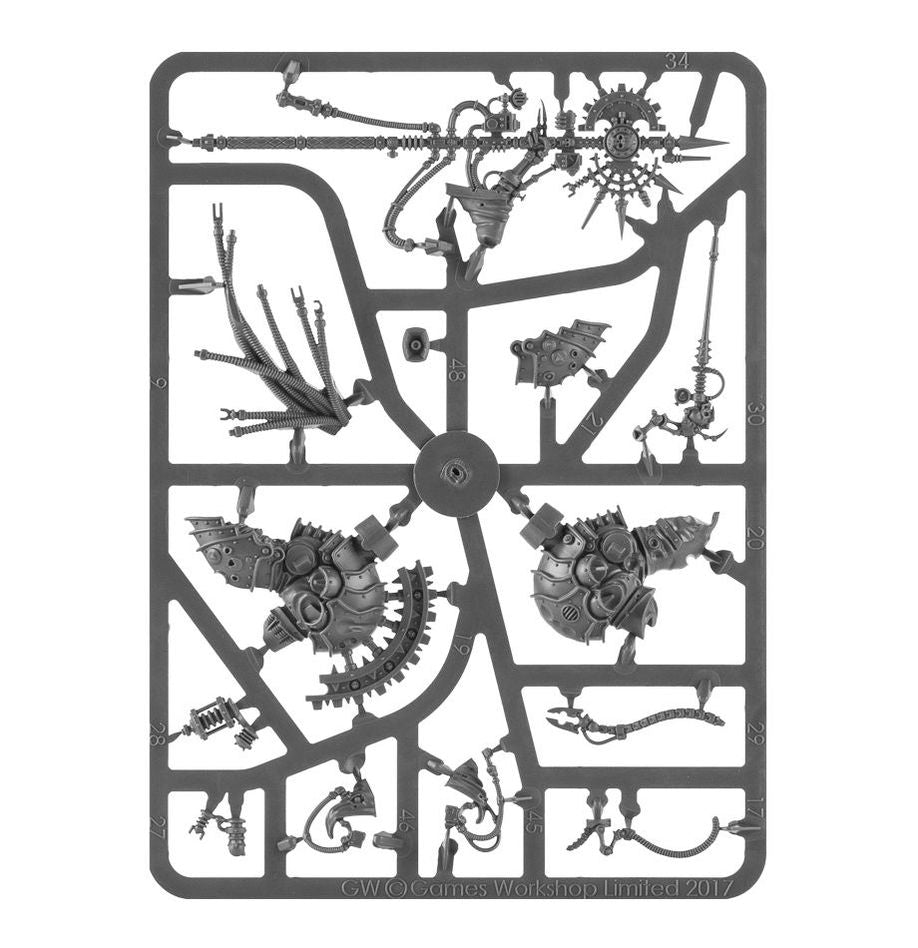 A detailed miniature of Adeptus Mechanicus Belisarius Cawl from Games Workshop, shown with robotic armor and intricate tech details.