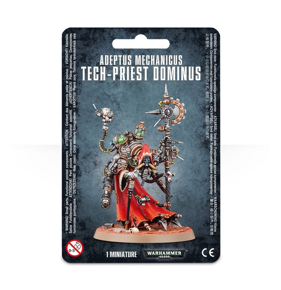 Adeptus Mechanicus Tech-Priest Dominus miniature from Games Workshop, detailed figure with mechanical armor and cybernetic enhancements.