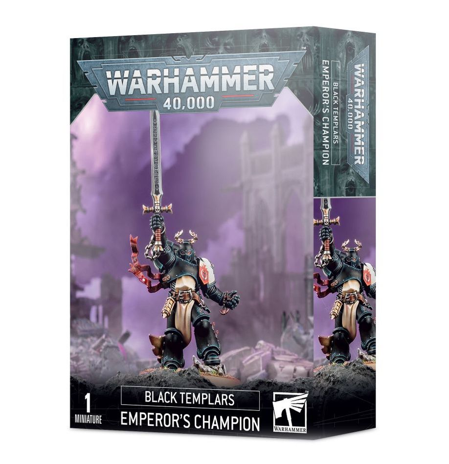 Black Templars Emperor's Champion figurine from Games Workshop, detailed miniature with armor and weaponry, ready for tabletop gaming.