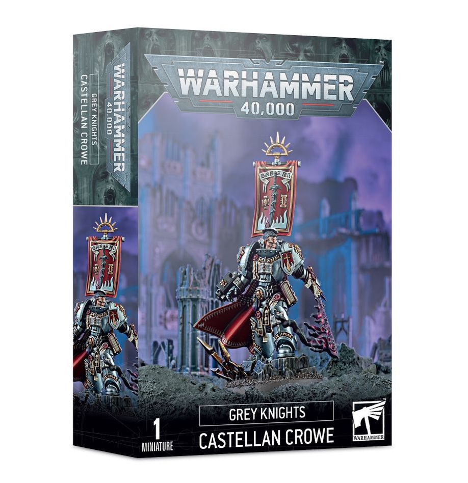 Grey Knights Castellan Crowe miniature from Games Workshop, detailed figure with armor and weaponry, suited for tabletop gaming.