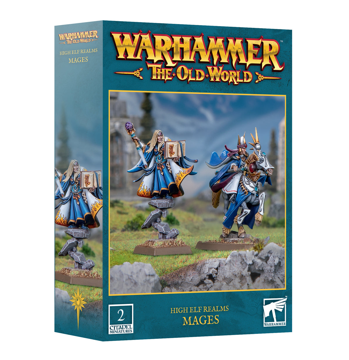 High Elf Realms: Mages miniatures set from Games Workshop featuring detailed mage figures for tabletop gaming.