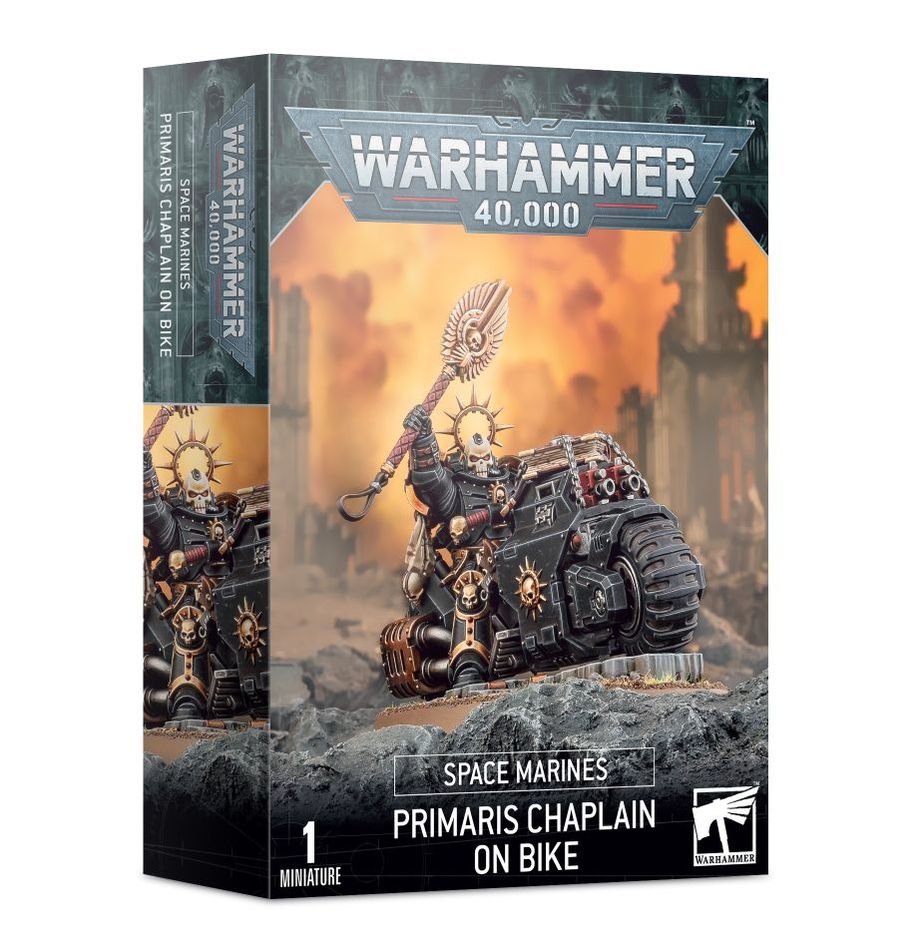 Space Marines Primaris Chaplain on bike from Games Workshop, detailed miniature figure with armor and weaponry.