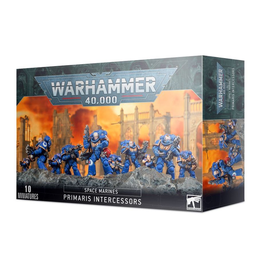 Space Marines Primaris Intercessors model from Games Workshop, featuring detailed armor and weaponry on a battlefield base.