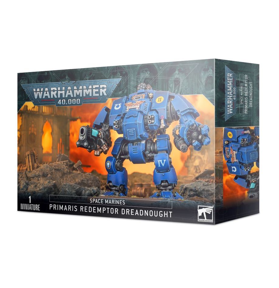 Detailed image of a Games Workshop Space Marines Primaris Redemptor Dreadnought miniature with armor and weaponry.