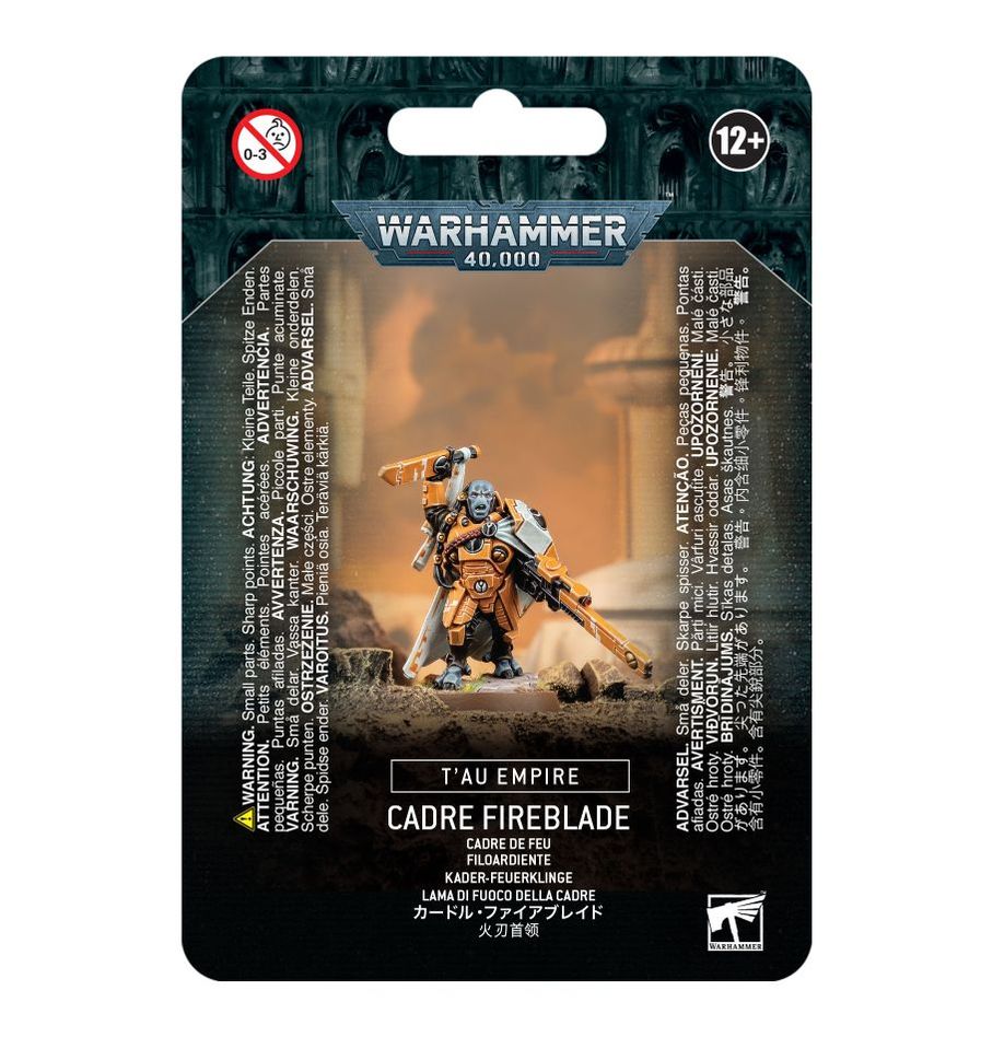 Detailed image of a T'au Empire Cadre Fireblade miniature from Games Workshop, showcasing the detailed armor and weaponry.