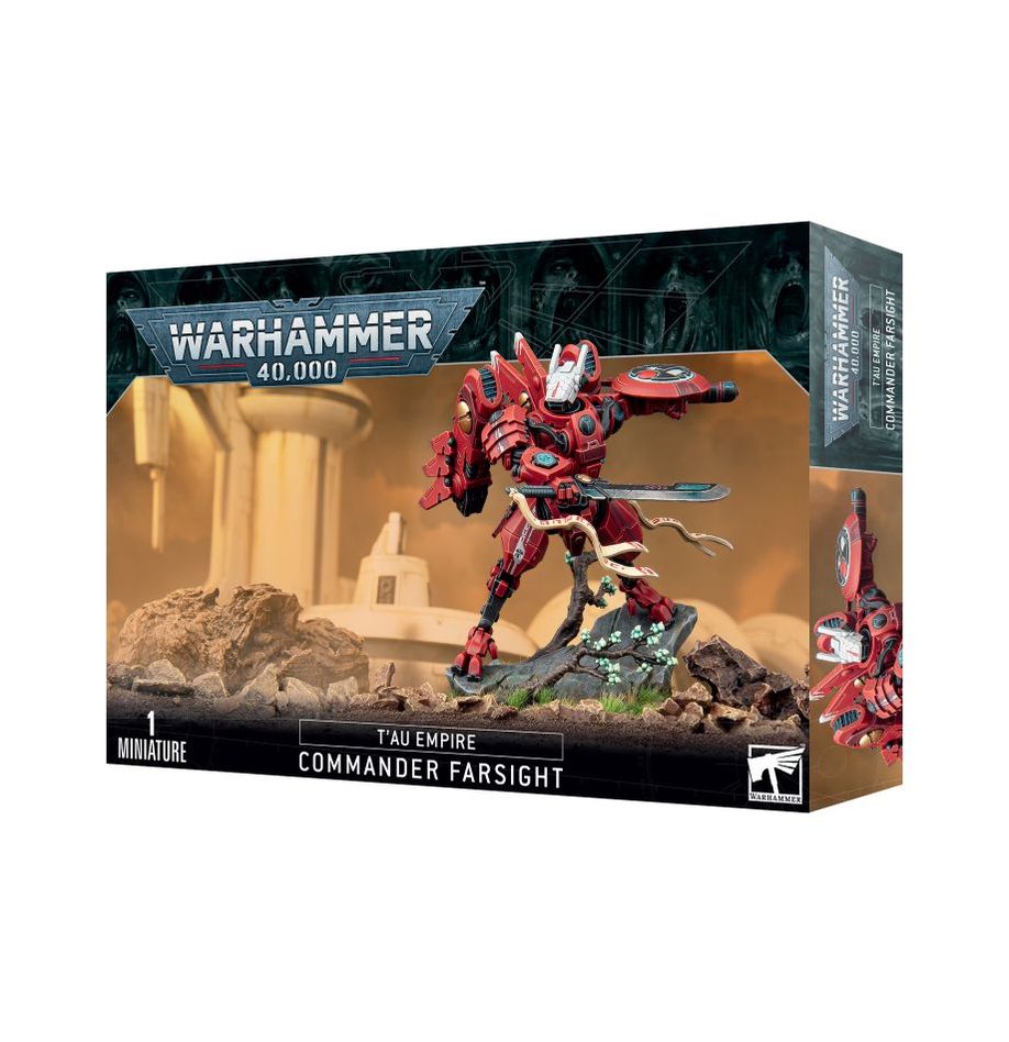 T'au Empire Commander Farsight miniature from Games Workshop, detailed model with armor and weaponry, for Warhammer 40K tabletop game.