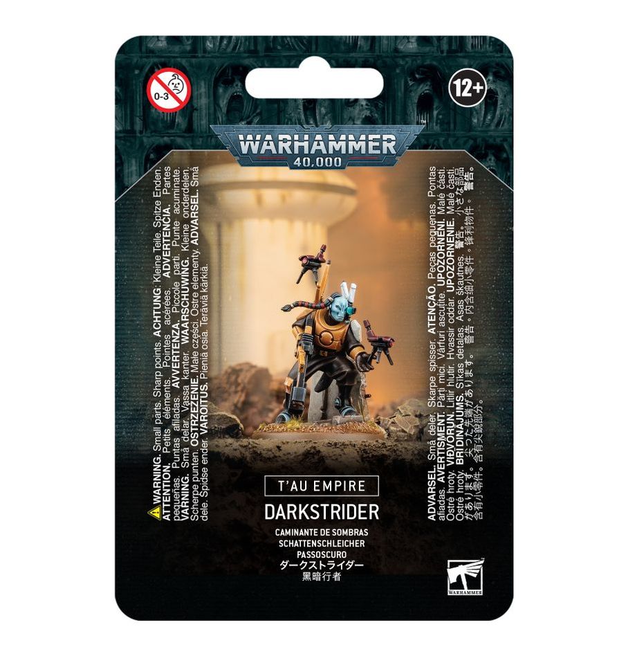 Darkstrider model from T'au Empire tabletop game by Games Workshop, featuring detailed T'au miniature with weapons and armor.