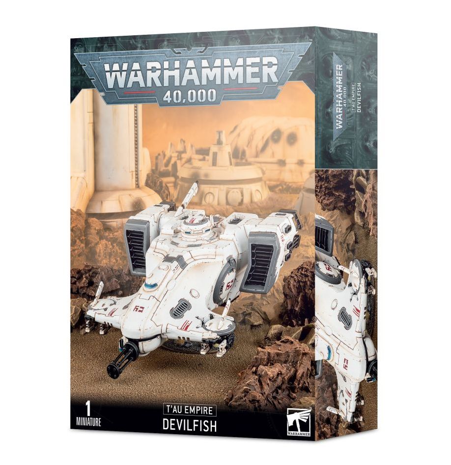 Miniature of T'au Empire Devilfish transport vehicle from Games Workshop's Warhammer 40K T'au Empire miniatures series.