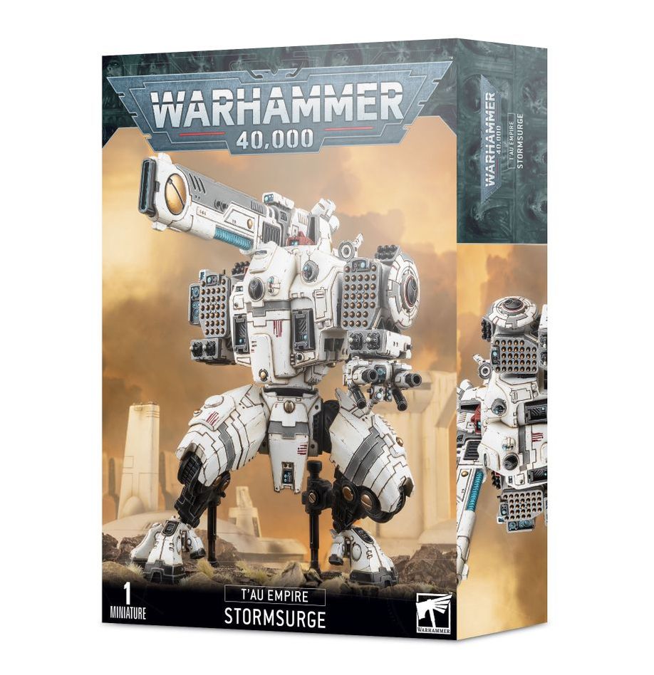 Detailed image of a T'au Empire Stormsurge miniature from Games Workshop, showcasing its futuristic armor and weaponry.