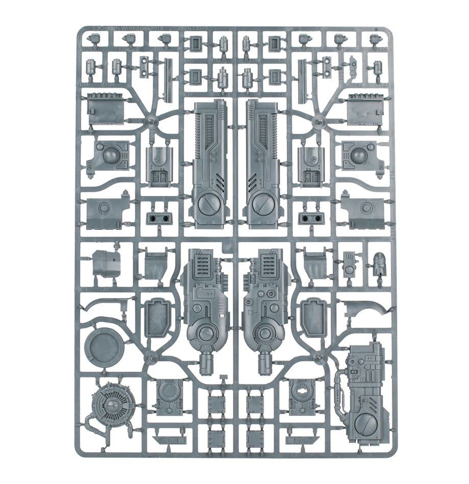 Detailed image of a T'au Empire Stormsurge miniature from Games Workshop, showcasing its futuristic battle robot design.