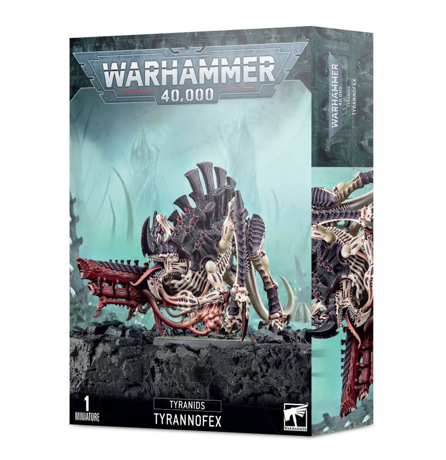 Close-up of a Tyranids Tyrannofex model from Games Workshop, featuring detailed alien insectoid creature with armored exoskeleton.