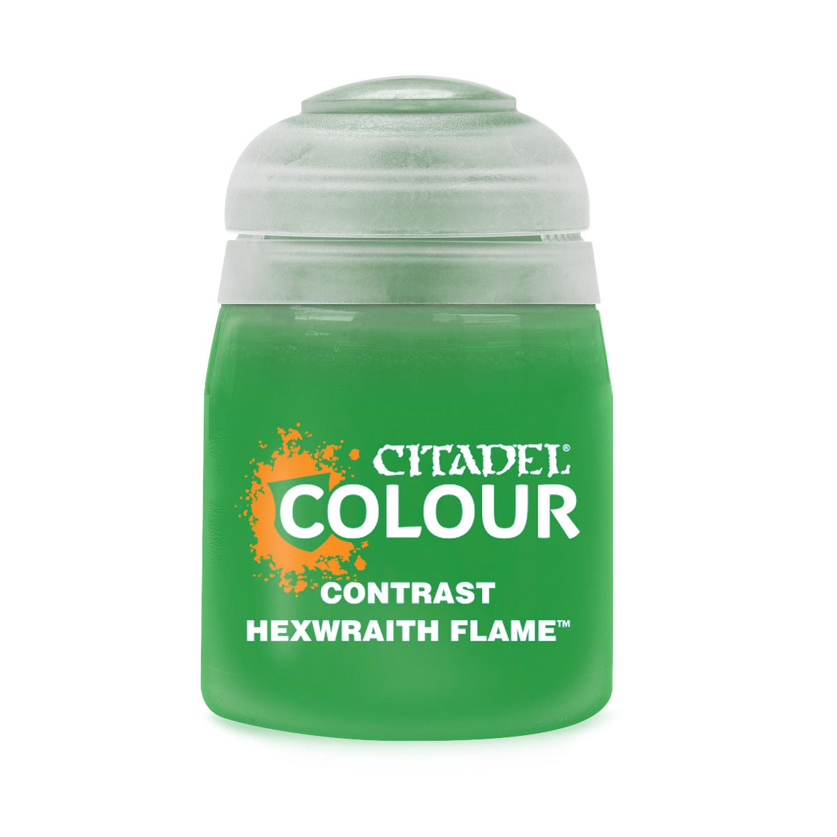 Hexwraith Flame contrast paint from Games Workshop, 18ml bottle, showcasing vibrant orange and yellow shades for miniature detailing.