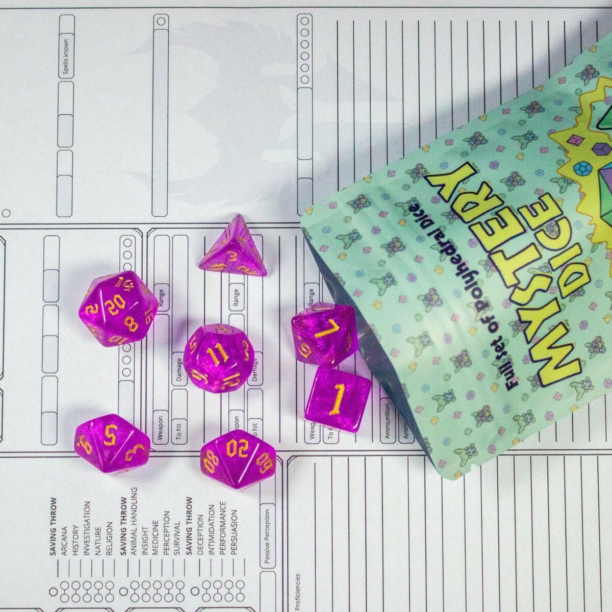 Set of Mystery Dice from Mystery Dice Goblin featuring colorful, varied polyhedral dice for tabletop gaming and role-playing adventures.