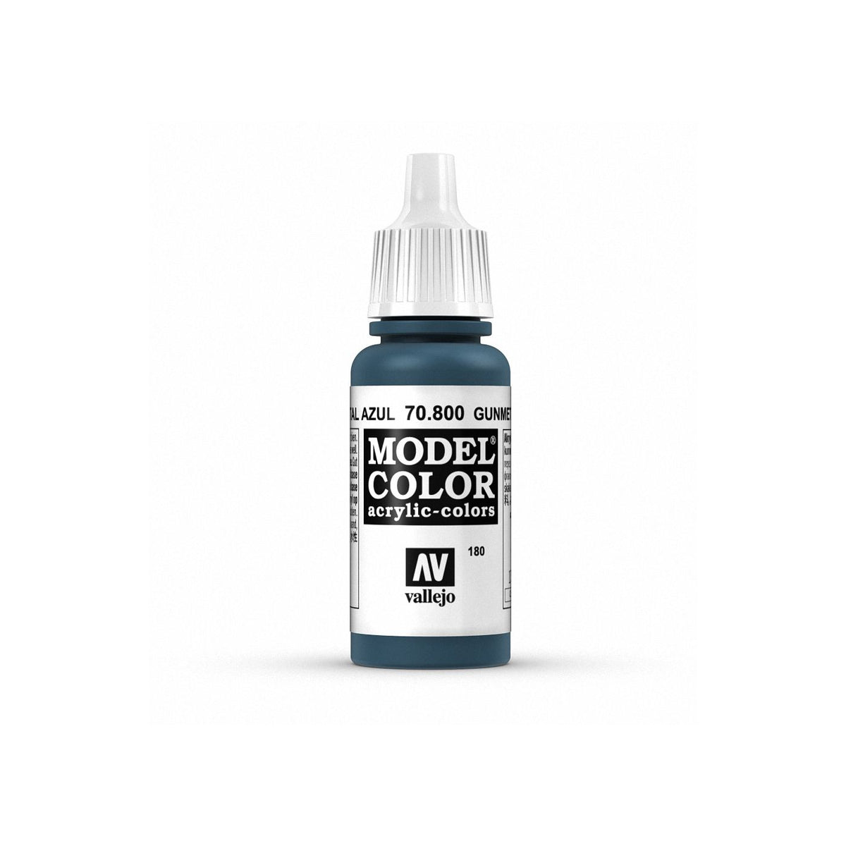 Vallejo Model Color metallic gunmetal blue paint in 17ml bottle, ideal for model and miniature painting.