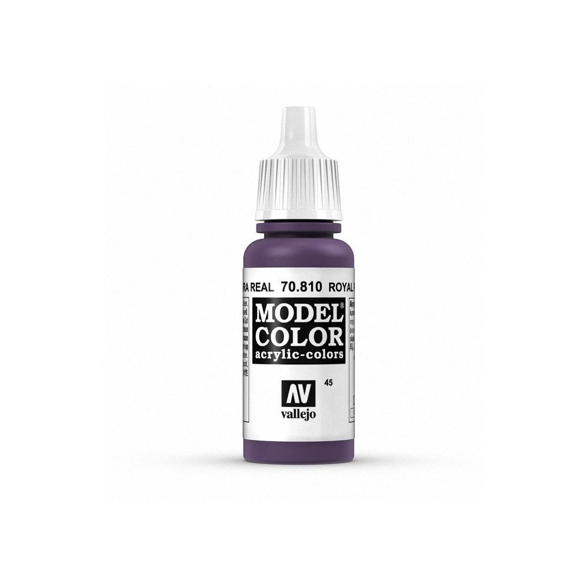 Bottle of Vallejo Model Color royal purple paint in a 17ml container, featuring a clear label and colorful cap.