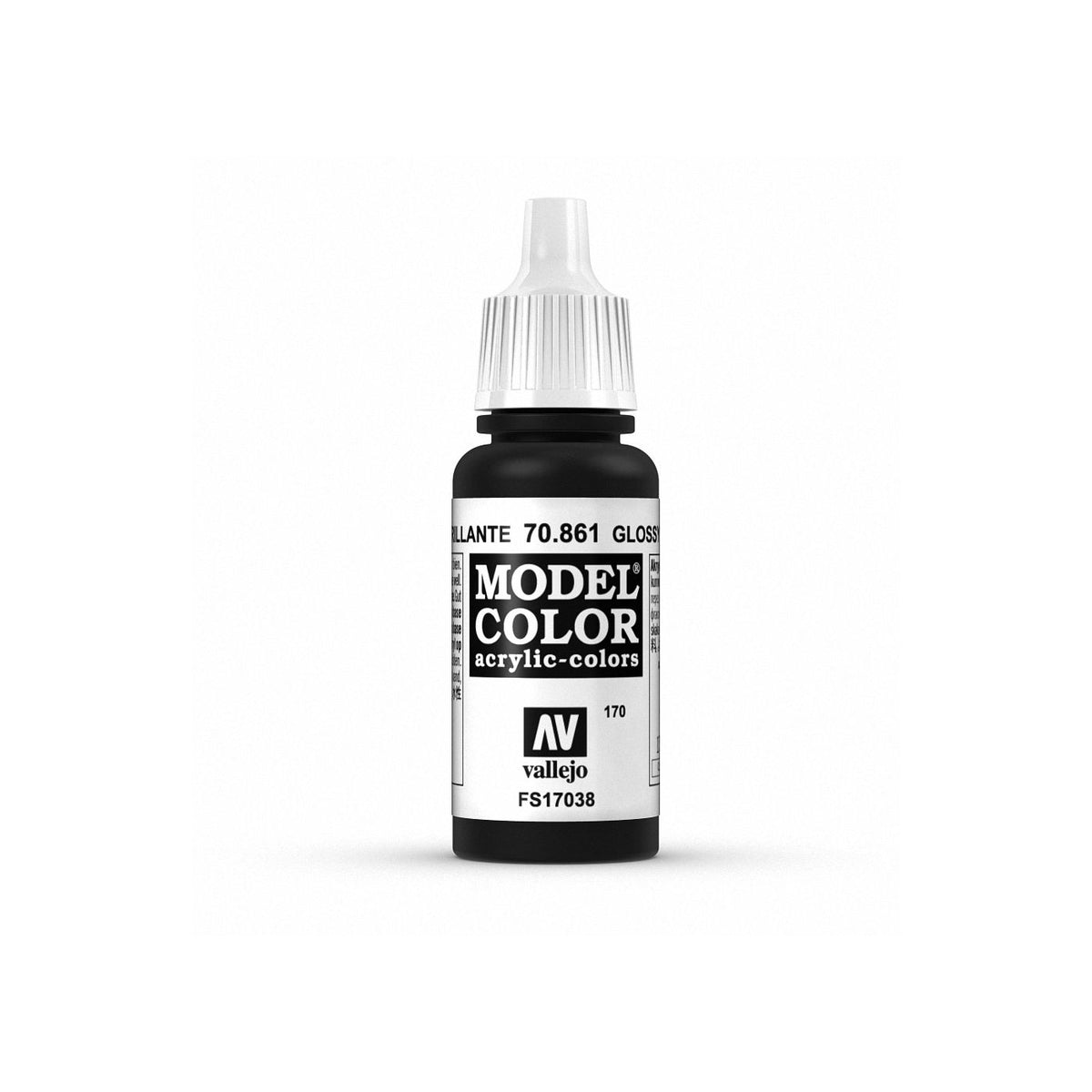 Vallejo Model Color Gloss Black paint in 17ml bottle, ideal for miniature and model painting with a glossy finish.