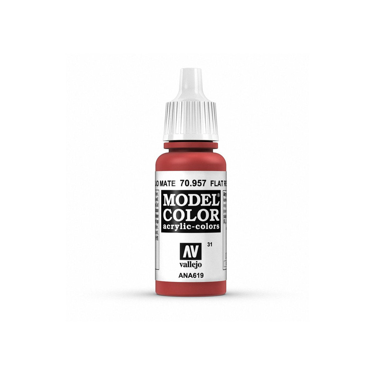 Bottle of Vallejo Model Color Flat Red acrylic paint in a 17ml container with a black cap and label showing the color name.