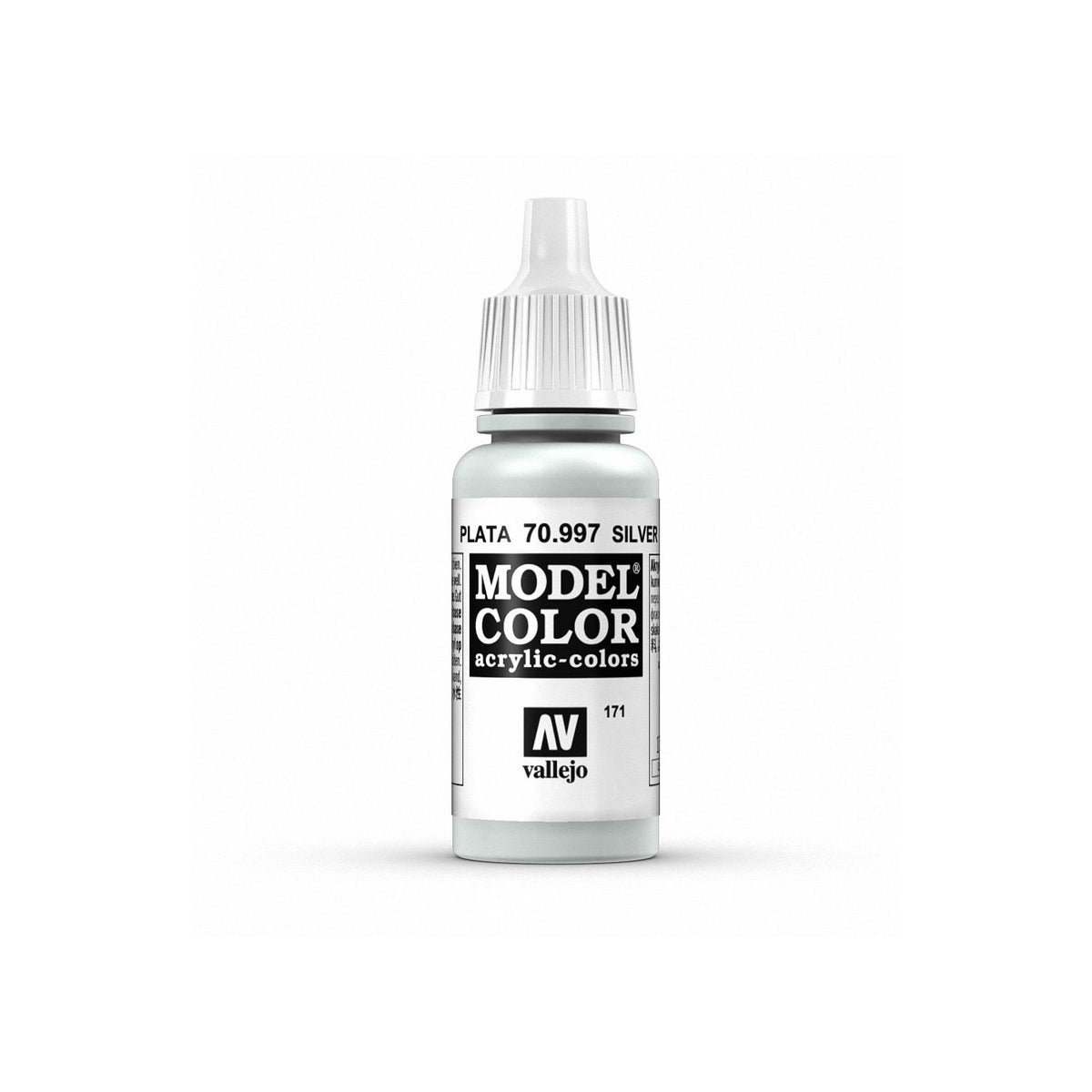 Vallejo Model Color Metallic Silver paint bottle, 17ml, with silver paint visible in the clear plastic bottle.