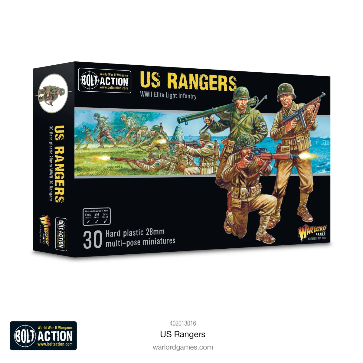 US Rangers soldiers from Warlord Games' Bolt Action tabletop game, shown in military uniforms with rifles.