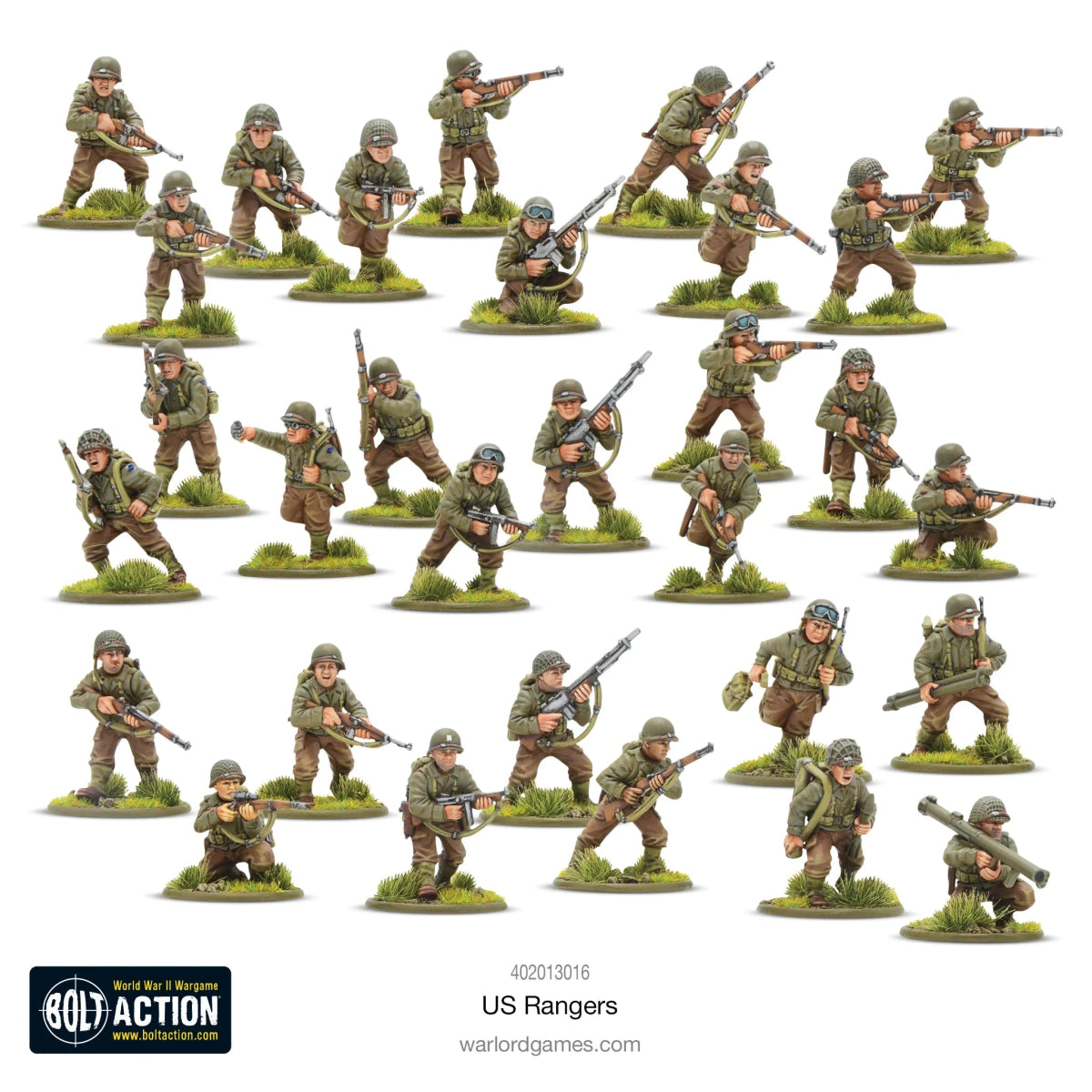 US Rangers soldiers in combat gear from Bolt Action Warlord Games, ready for battlefield action.