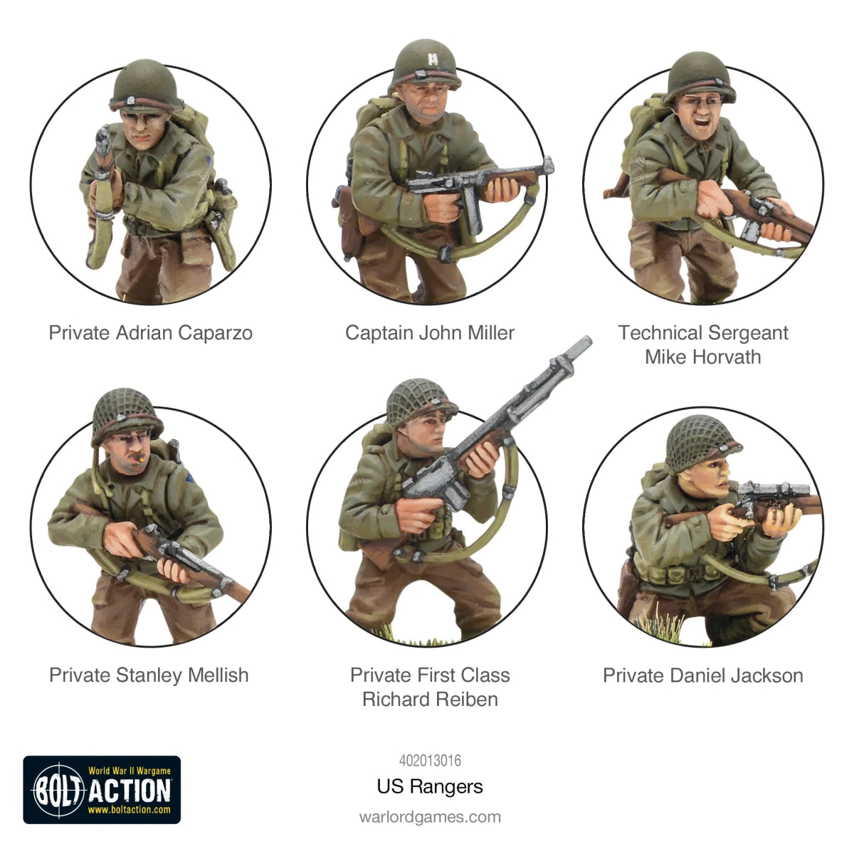 US Rangers miniatures from Bolt Action by Warlord Games, featuring soldiers in military uniforms with rifles.