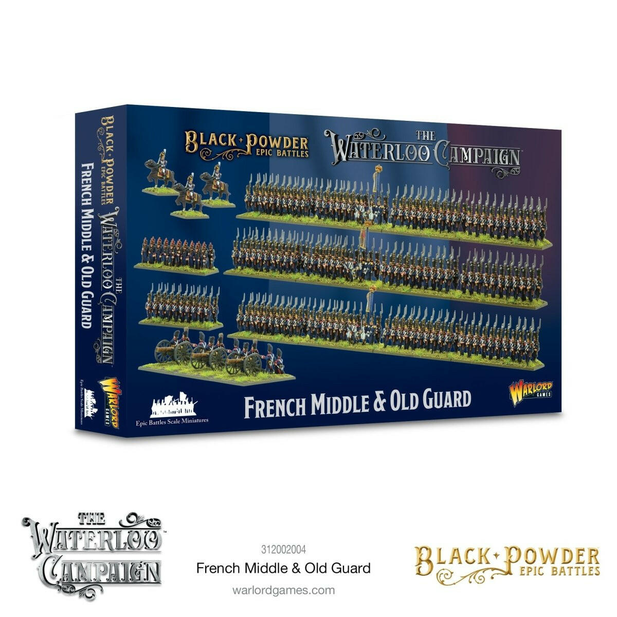 French Middle and Old Guard soldiers from Warlord Games' Black Powder Epic Battles: Waterloo set, detailed miniature figures.