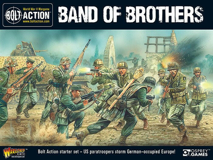 Warlord Games "Band of Brothers" Bolt Action 2 starter set with miniatures and rulebook for WWII tabletop gaming.