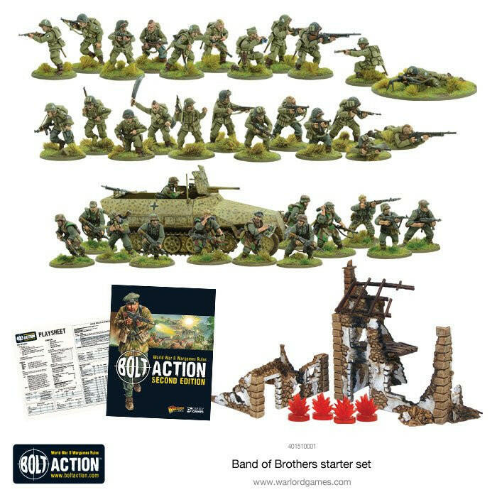 Warlord Games "Band of Brothers" Bolt Action 2 starter set featuring military miniatures and accessories for tabletop wargaming.