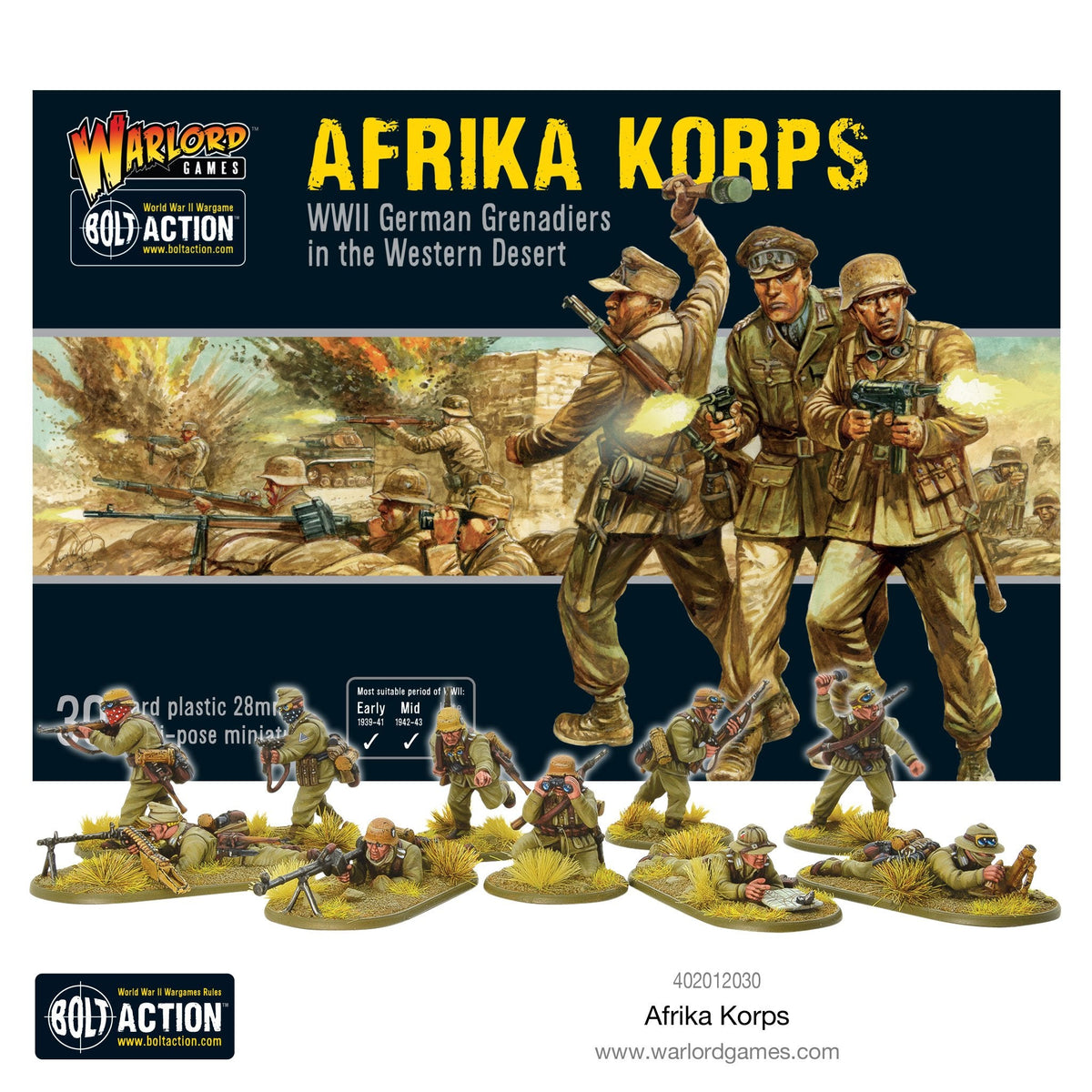 Miniatures of Afrika Korps Infantry by Warlord Games, showing detailed soldiers in desert combat uniforms and gear.
