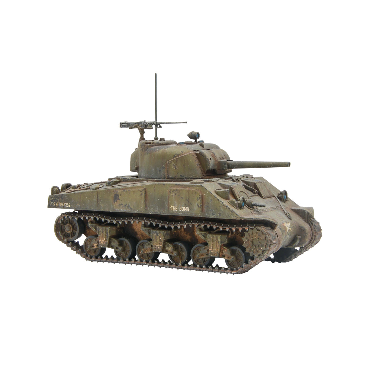 Miniature M4 Sherman tank model by Warlord Games, detailed 75mm scale military vehicle for tabletop gaming.