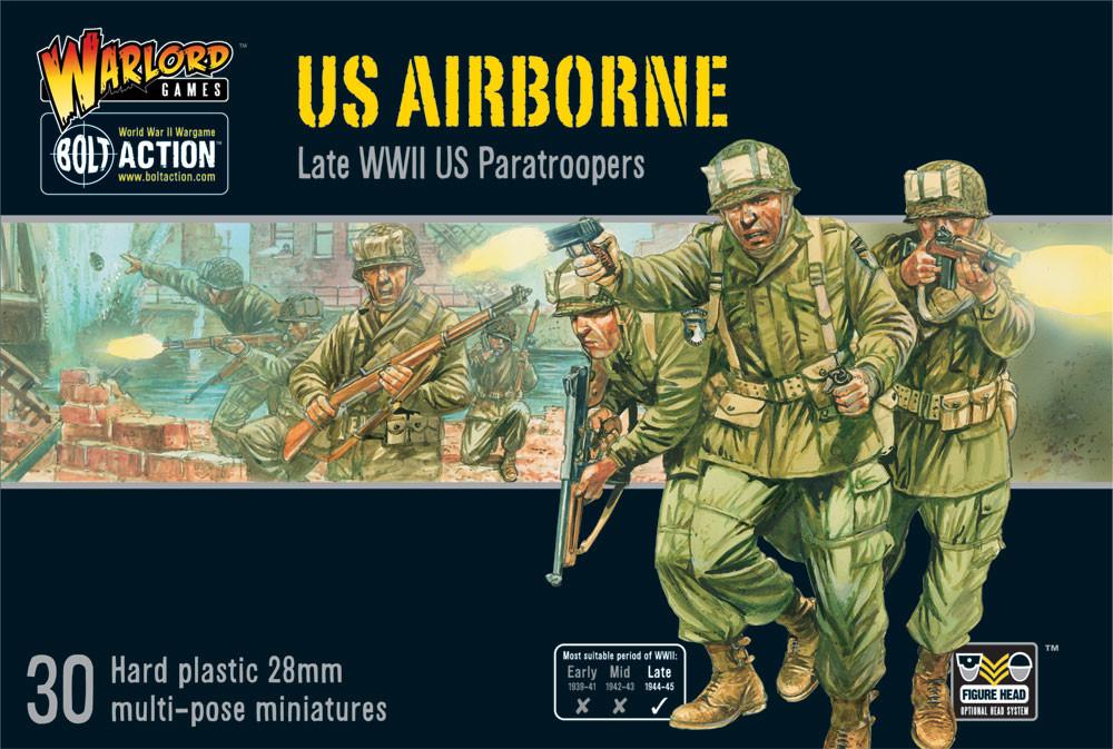 US Airborne miniatures by Warlord Games, detailed figures for tabletop gaming, shown in their original packaging.