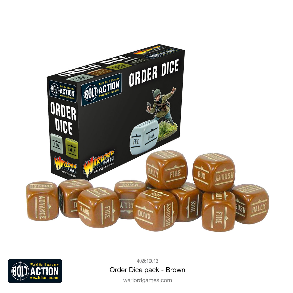 Brown Bolt Action Orders Dice pack by Warlord Games with multiple brown dice for tabletop wargaming.