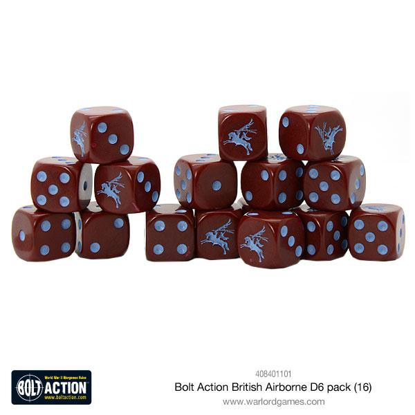 Set of 16 British Airborne D6 dice from Warlord Games, featuring military-themed designs for tabletop gaming.
