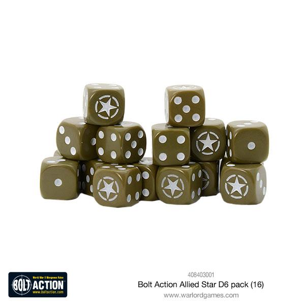 Set of 16 Allied Star D6 dice by Warlord Games featuring white stars on black six-sided dice for tabletop gaming.
