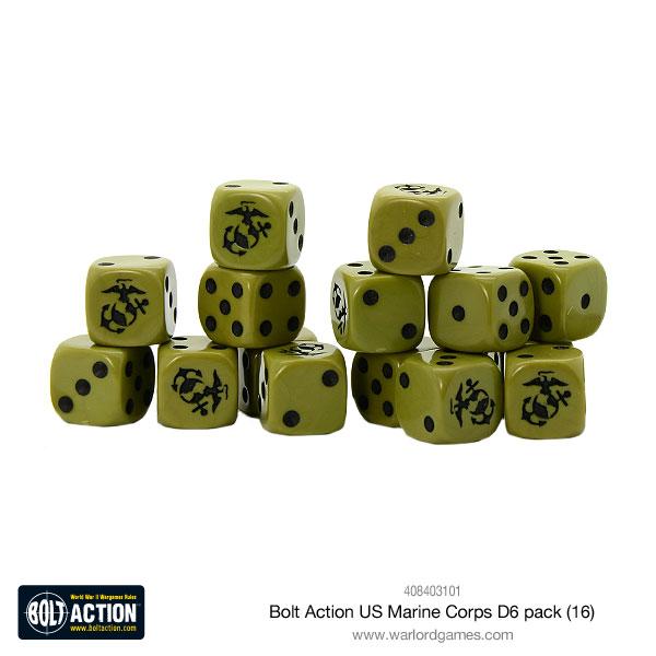 Set of 16 US Marine Corps D6 gaming dice by Warlord Games, featuring military-themed numbers and symbols on white dice.