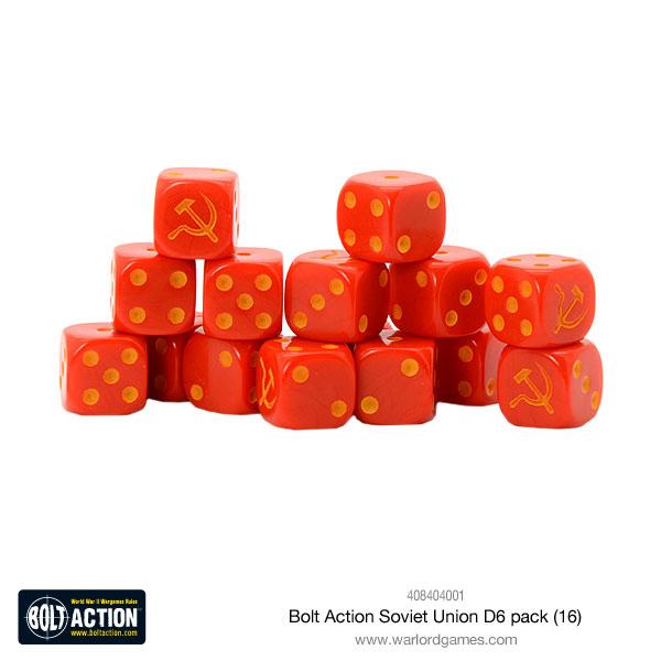Sixteen Soviet Union D6 dice by Warlord Games, featuring red and white design with Soviet insignia for tabletop gaming.
