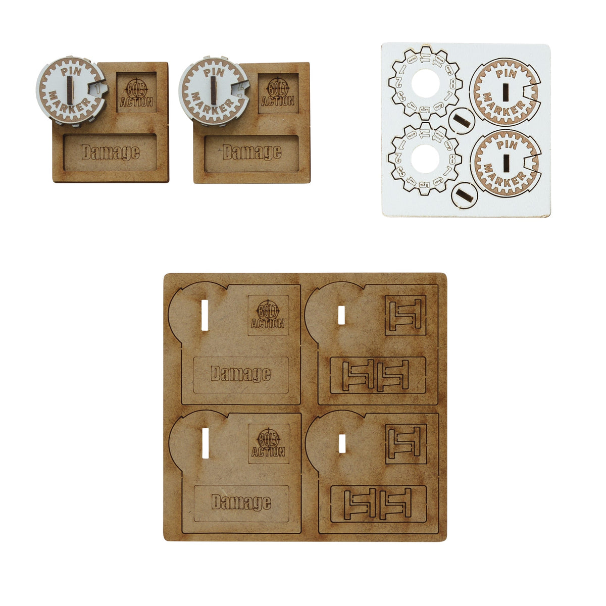 Warlord Games bolt action vehicle pin markers made of MDF, designed for marking and detailing miniature military vehicles.