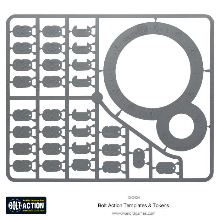 Warlord Games Bolt Action Templates set with clear plastic templates for tabletop wargaming, featuring various measurement and aiming guides.
