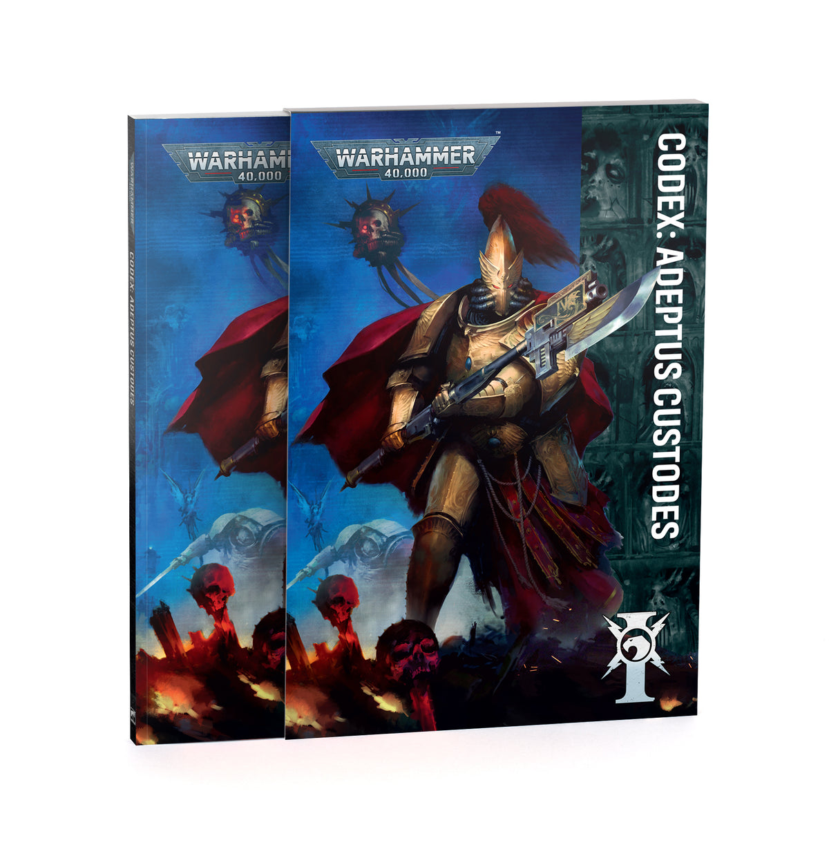 Open pages of the Warhammer 40k Codex: Adeptus Custodes by Games Workshop showing detailed illustrations and text.