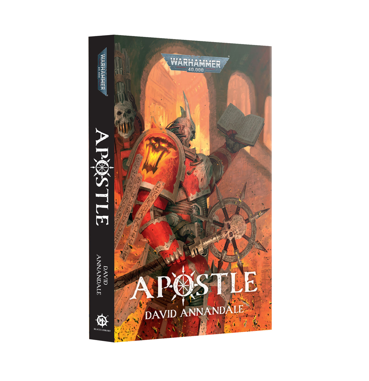 Paperback copy of Apostle from Black Library, published by Games Workshop, featuring cover art with dark, atmospheric imagery.