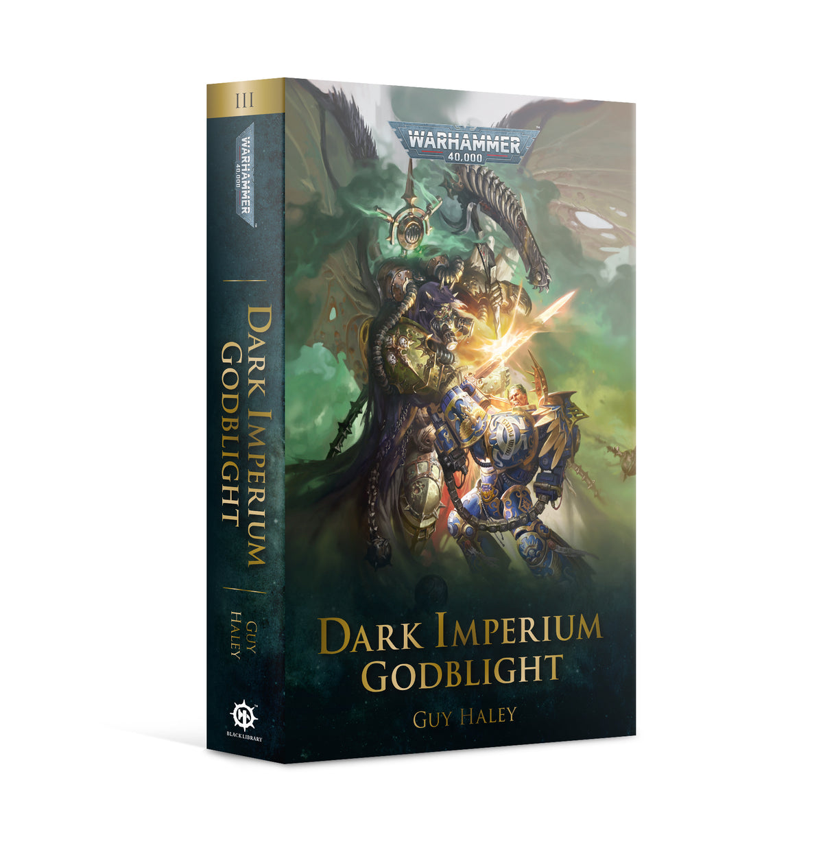 Paperback of Dark Imperium: Godblight novel by Games Workshop, featuring cover art with dark fantasy imagery.