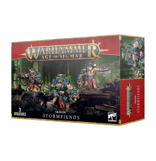 Warhammer Age of Sigmar Skaven Stormfiends miniatures box set with three painted models in a forest scene.